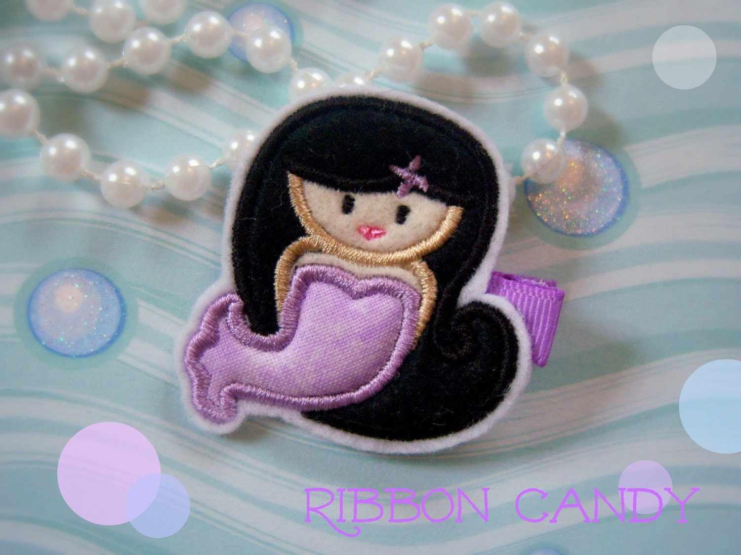 Mermaid Felt Hair Clip - Embroidered - Black Hair Mermaid with Purple Tail Hair Clip - non slip
