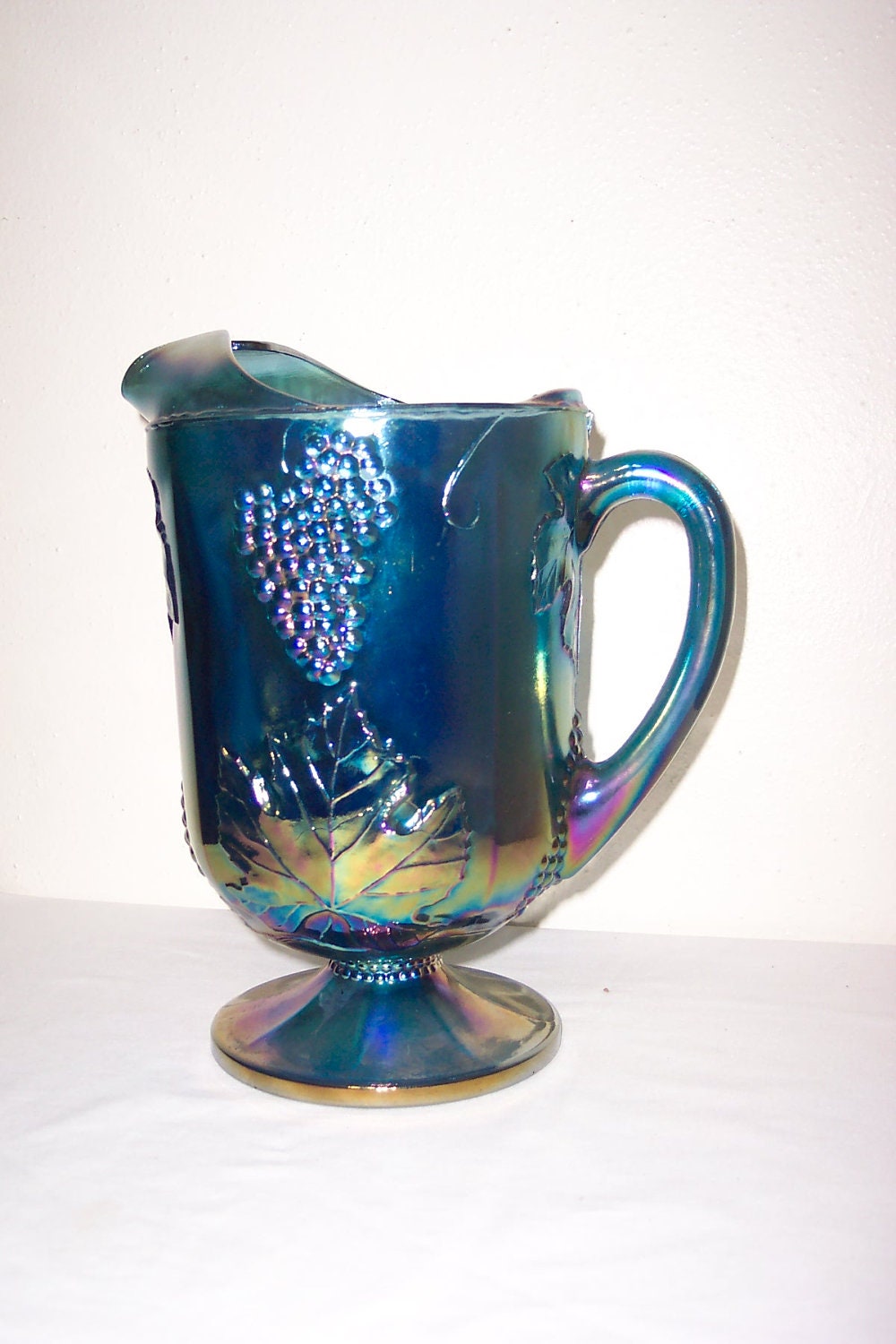 Blue Carnival Glass Pitcher Indiana Glass Harvest Design