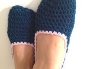 Teal Blue Opal Pink Crochet Womens Slippers, Ballet Flats, House Shoes