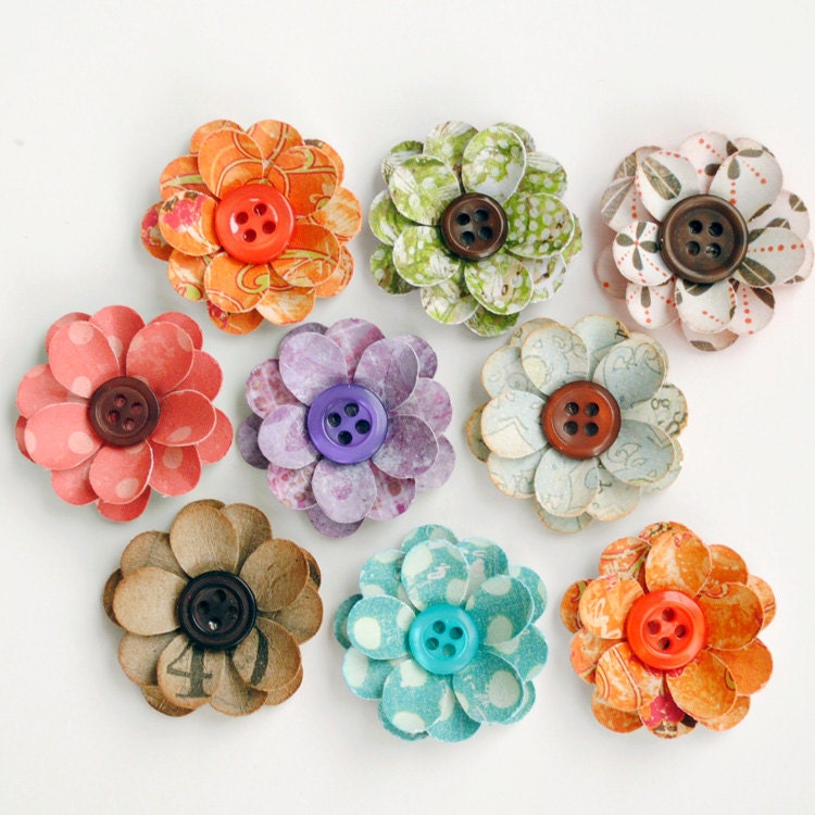 HANDMADE Layered FLOWERS with BUTTON Centers - 9 count