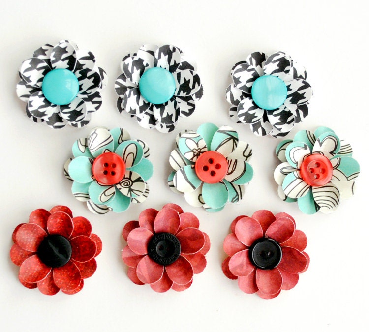 HANDMADE Layered FLOWERS with BUTTON Centers - 9 count