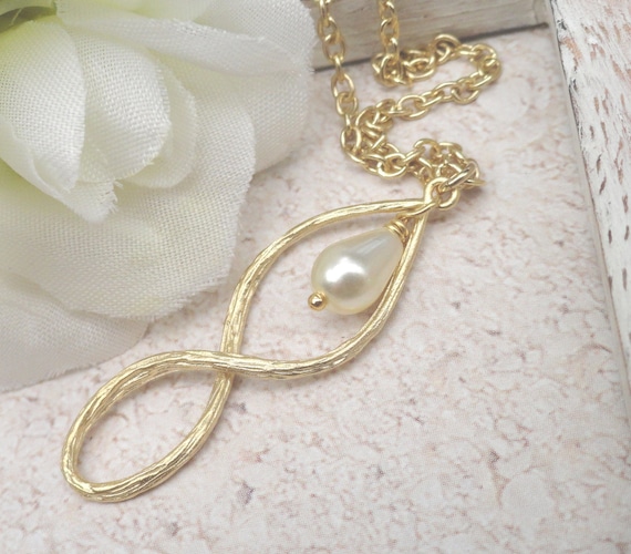 Gold Infinity Pendant Necklace Wire Wrapped White Teardrop Pearl. Ideal Gift Best Friend Necklace
