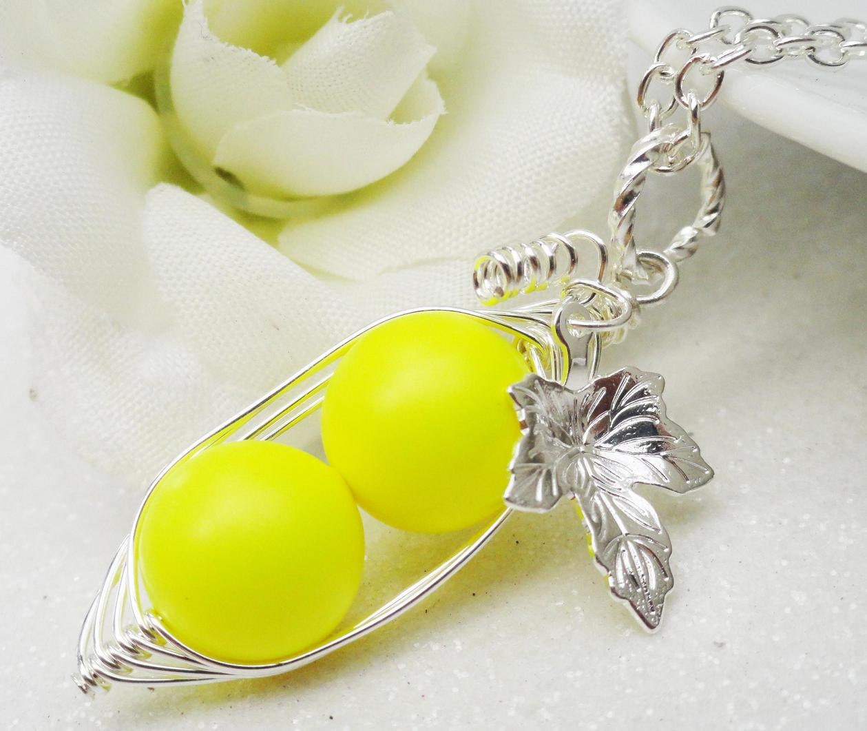 Two Peas In A Pod Neon Yellow Pendant Necklace - Retro Style