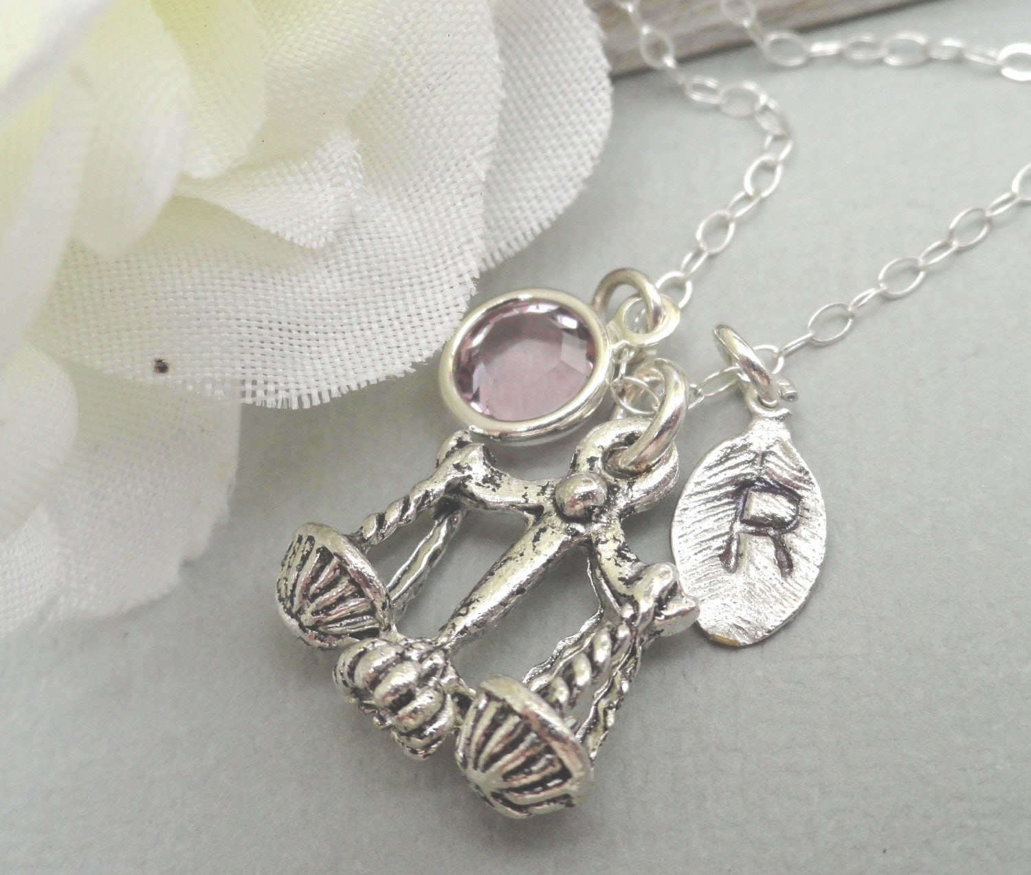 Libra Necklace Personalized Hand Stamped initial With Swarovski Crystal Birthstone Bezel Sterling Silver