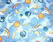Cotton Flannel Fabric - Celestial Planets Sun and Rainbows on Blue - 1 Yard