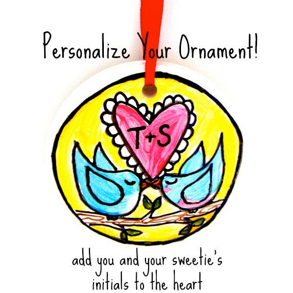 Love Birds Ornament Ceramic Custom Initials Holiday Decor Home Decor Painted Blue Yellow Pink