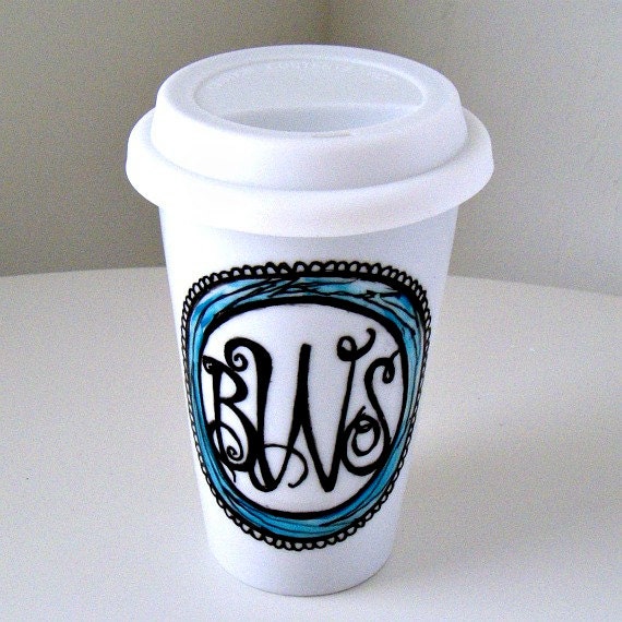 Ceramic Travel Mugs Initials Monogram Hand Painted Customize Personalize Black White Blue Eco Friendly Porcelain Tumbler Take Away Mug