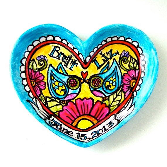 Love Birds Dish Painted Ceramic Heart Anniversary Wedding Gift Personalize Names Dates Customize Turquoise Blue Pink Yellow