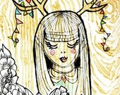 Deer Girl Painting Acrylic on Canvas 9x12 Woodgrain faux bois black and white flowers antlers party banner bangs metallic gold pastels OOAK