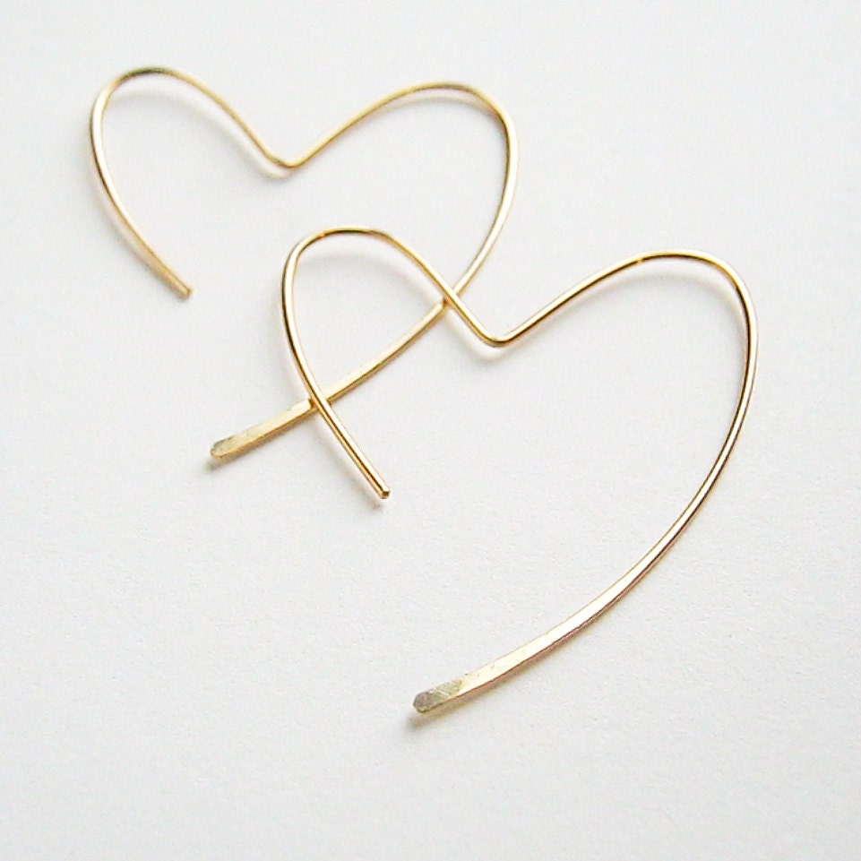 Gold Heart Hoops. 14k gold fill open heart hammered hoop earrings
