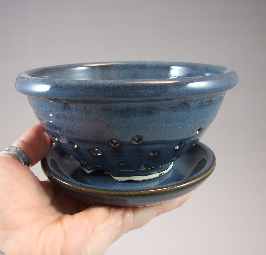 Small Wheel Thrown Berry Bowl  or Colander with Plate in Croc BlueGlaze
