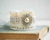 Vintage Lace Fabric Cuff BRACELET Wedding White Cream Lace Rhinestone ROMANTIC Bride