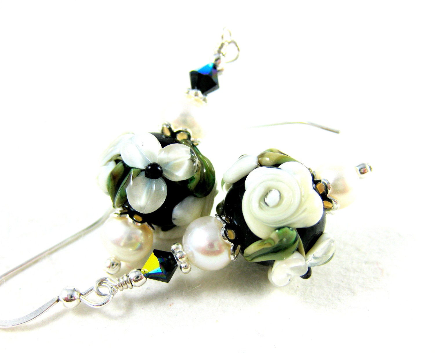 Black White Rose Earrings, Floral Lampwork Earrings, Flower Earrings, Beadwork Earrings, Pearl Dangle Earrings - An Affair to Remember