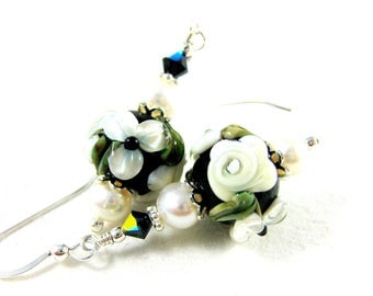 Black White Rose Earrings, Floral Lampwork Earrings, Flower Earrings, Beadwork Earrings, Pearl Dangle Earrings - An Affair to Remember