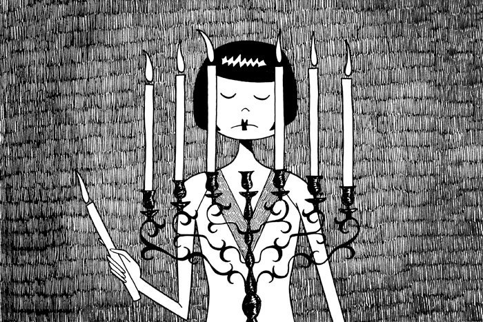 Eloise sets the mood  // Spooky candleabra black and white illustration // 4x6 art print
