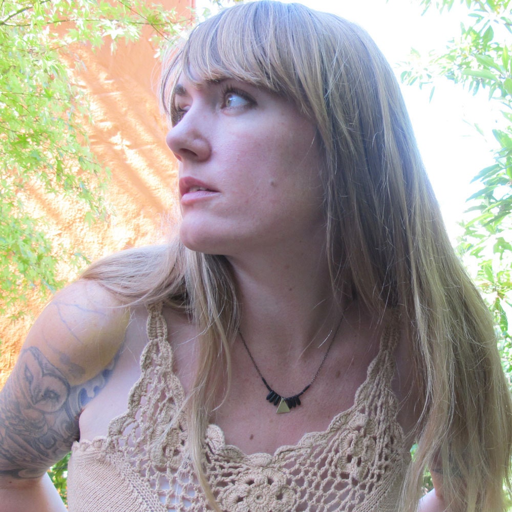 Sky Above - Brass Triangle Necklace -  Pyrite Stones - Black Glass Necklace - Artisan Tangleweeds Jewelry