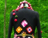 Custom sweater Jacket for Blair with pom poms and crochet squares