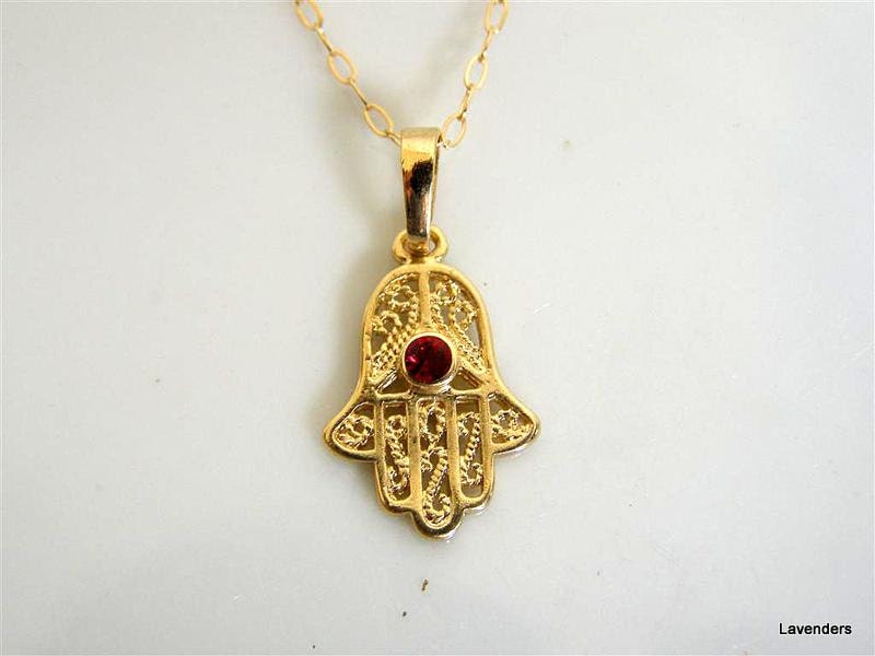 Hamsa Necklace , Gold fill , Filigree Hamsa Hand Charm , Centerd Red Crystal ,  Hamsa Jewelry , Eveil Eye