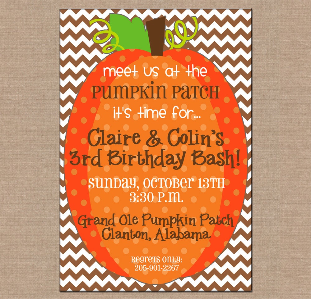 12 Personalized Printed Boy or Girl Pumpkin Patch Fall Halloween Birthday Party Invitations with envelopes