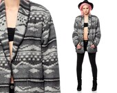 Blanket Jacket 90s Aztec SOUTHWESTERN Fleece Mexican Coat Grey 1990s Vintage Hipster Southwest Boho Ethnic Hippie Small Medium Large