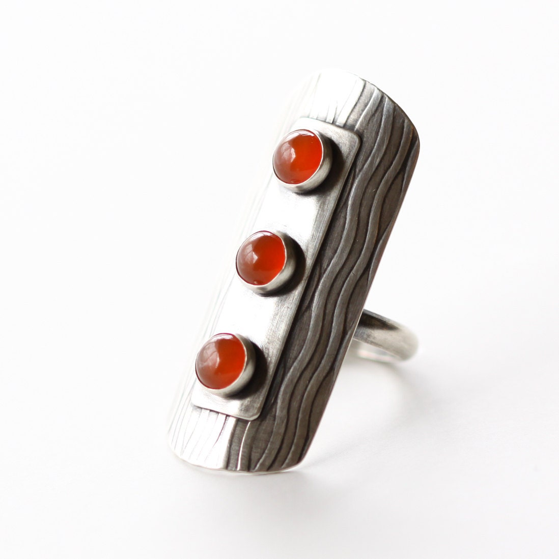 Unique silver ring with 3 gorgeous orange carnelian stones, statement jewelry in made to order size - "Row Ring"