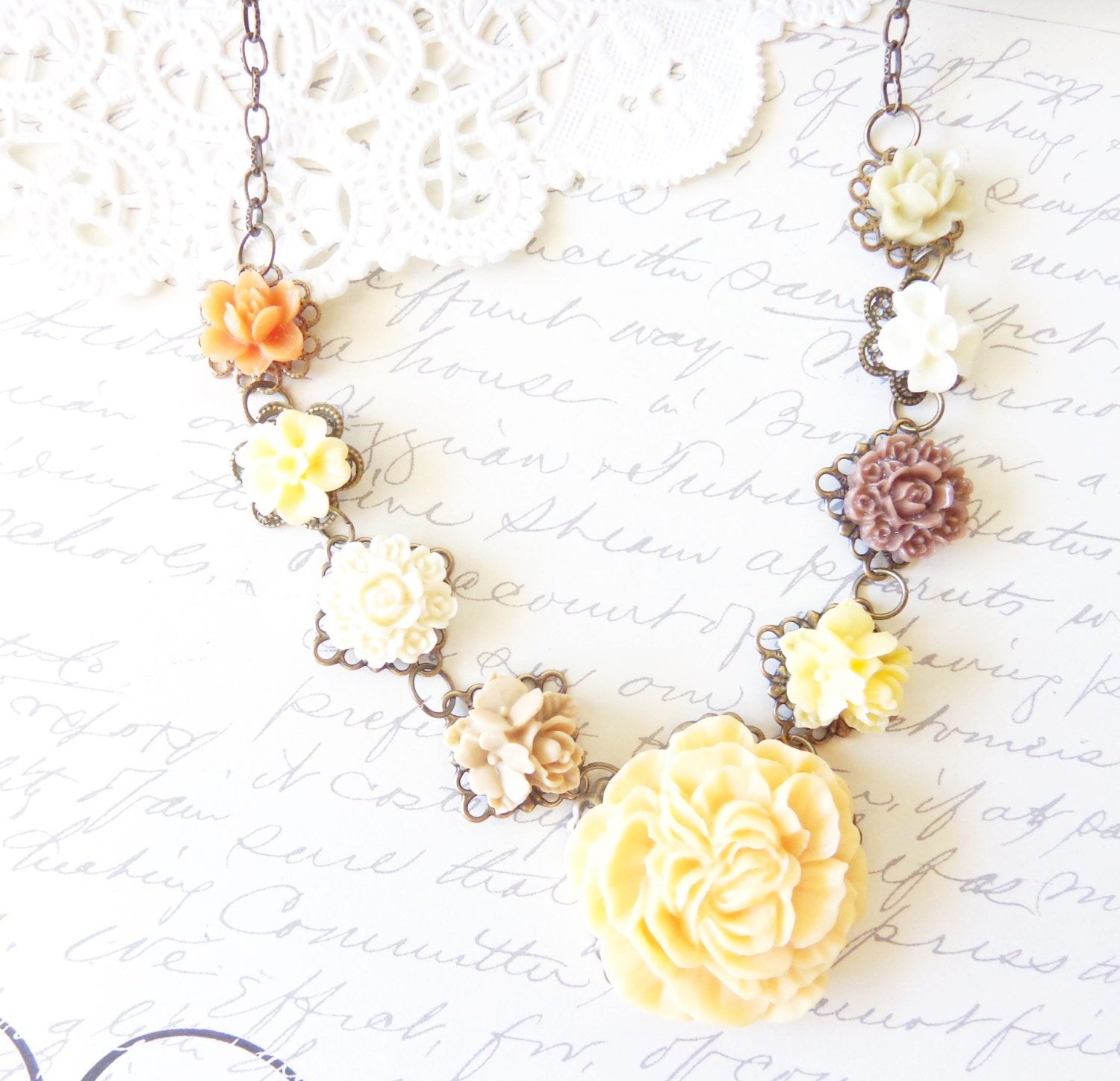 Blossom - Peony Flower Cluster Necklace - Autumn - Fall Colors