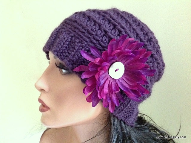 Purple Baby Alpaca Knit Beanie Hat with Flower Pin for Women Ladies // WAVERLY //