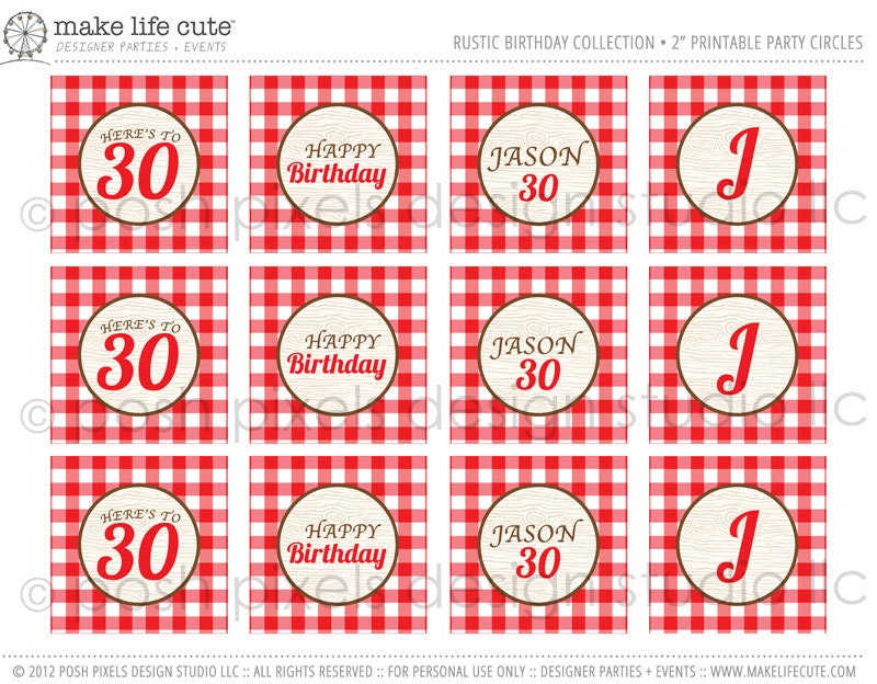 BIRTHDAY - Printable Party Circles - 2 inch - Red and White - Picnic - DIY Rustic Birthday Collection - by Make Life Cute Il_570xn