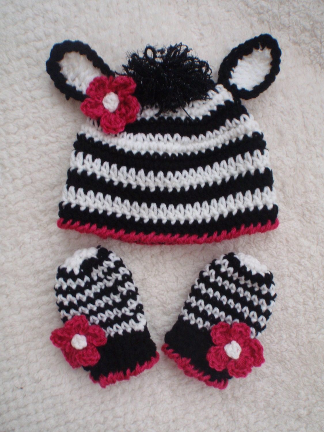 custom order crochet hat and mittens zebra