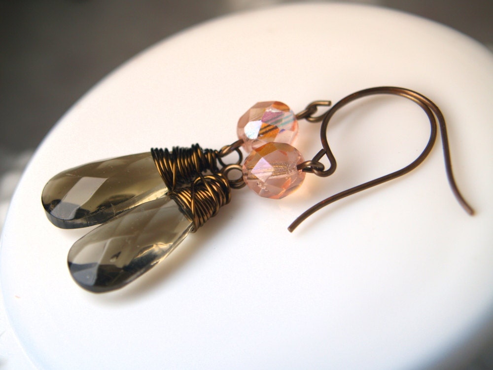 Smoke Brown Grey Glass Pink Crystal Dangle Earrings in Brass