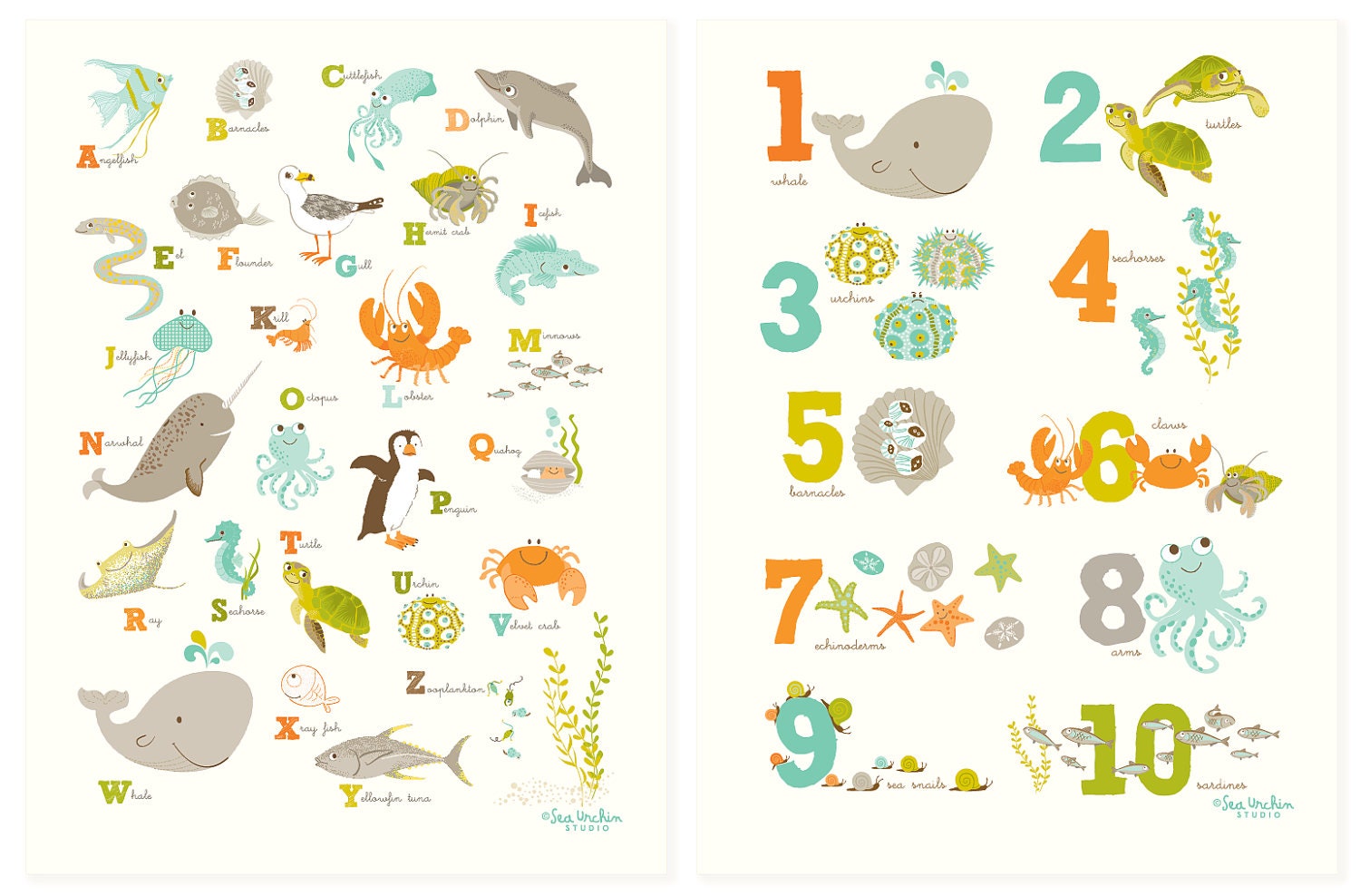 Sea & Shore Numbers / Alphabet Poster Set - Nursery art for children