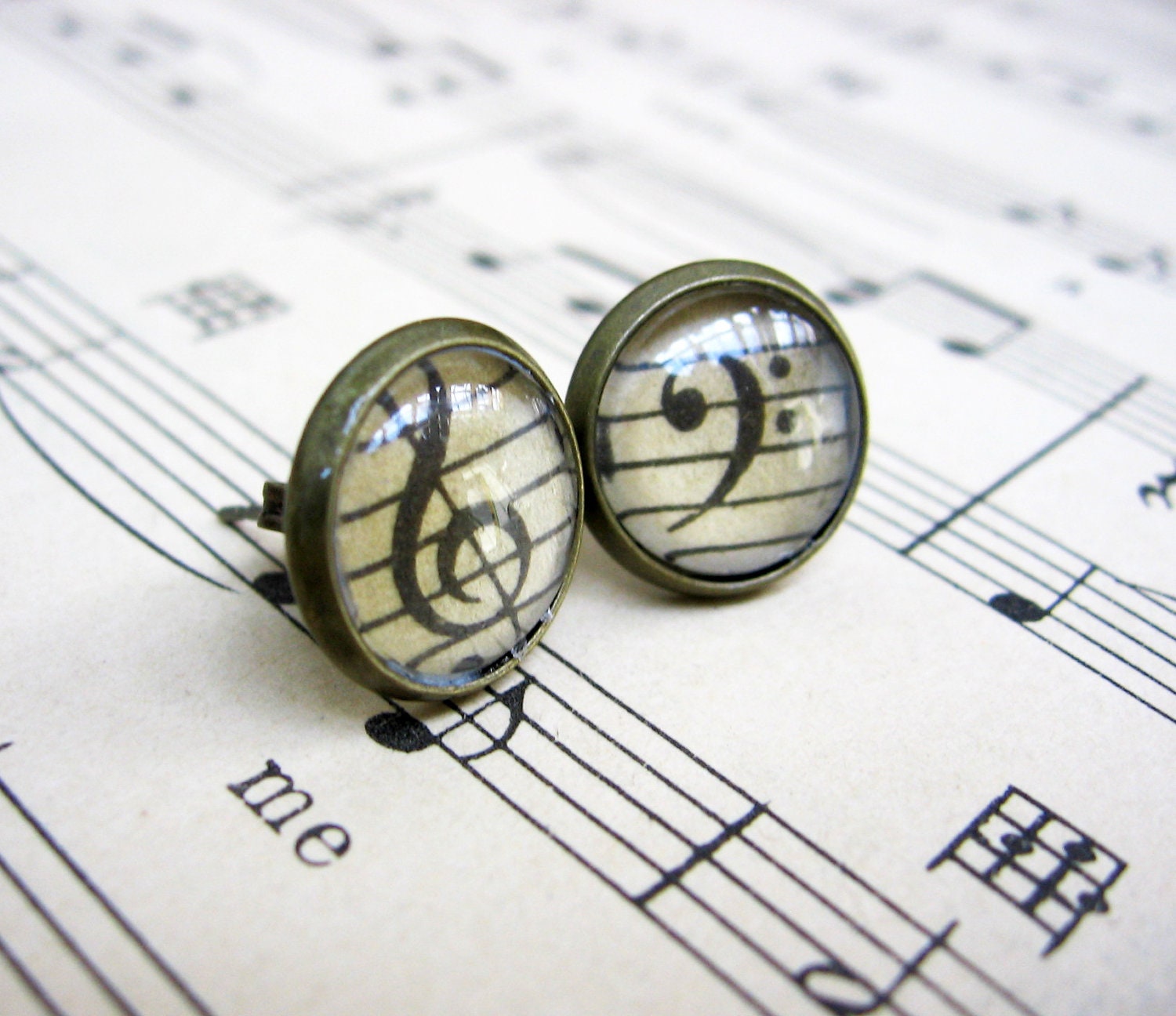 Vintage Sheet Music Earrings Treble and Bass Clef Tiny Brass Post Studs