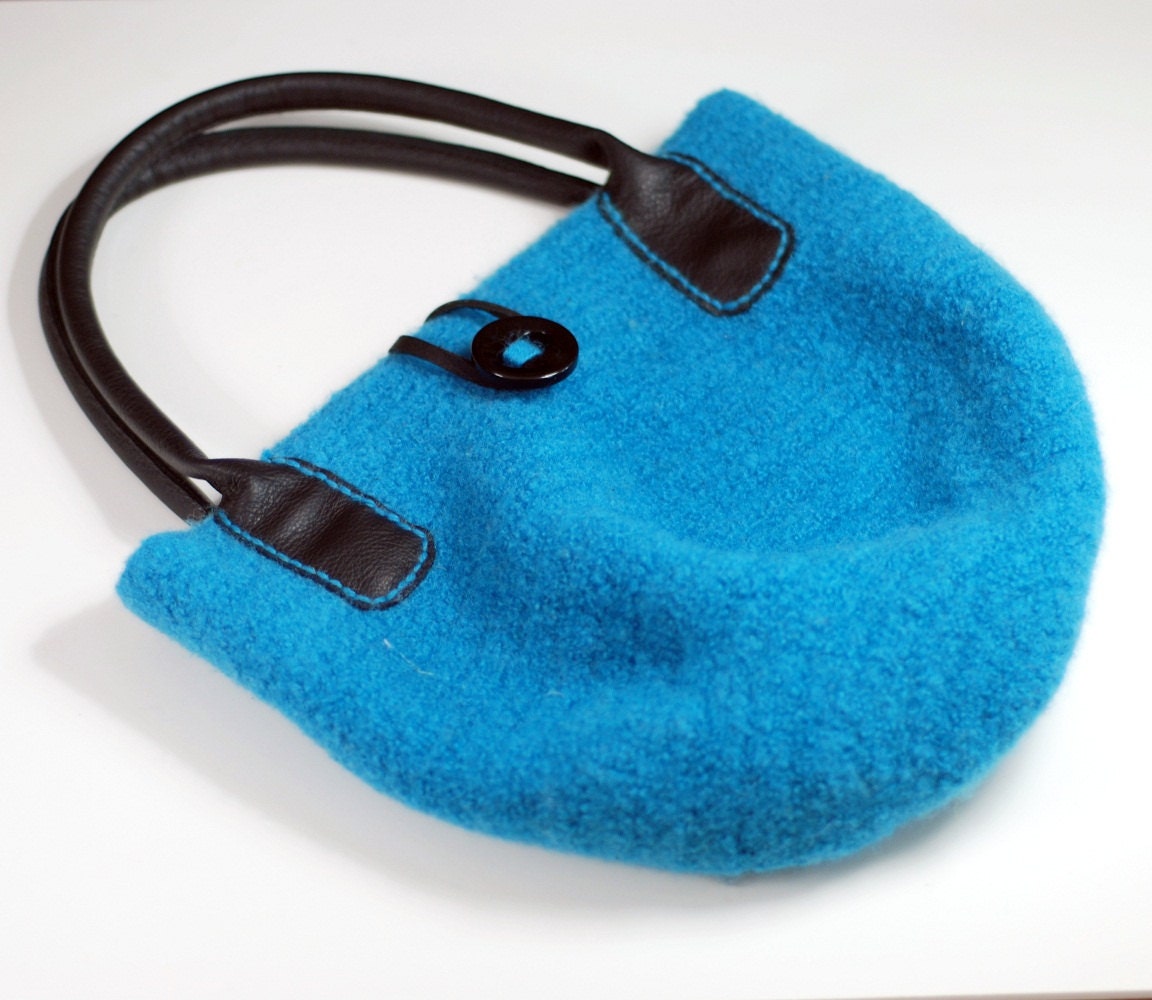 Felted Wool Tote Bag with Black Leather Handles - Teal Blue - Shoulder Bag Purse - Boho Urban Chic - Modern Minimal