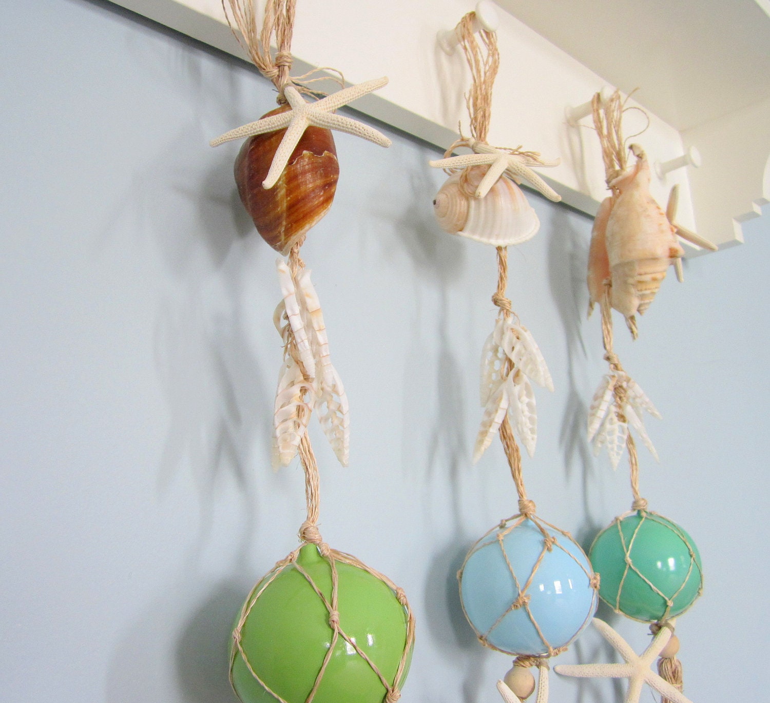 Beach Decor Shell Garland w Starfish & Lt. Blue Glass Floats - Nautical Decor, Shell, 23in
