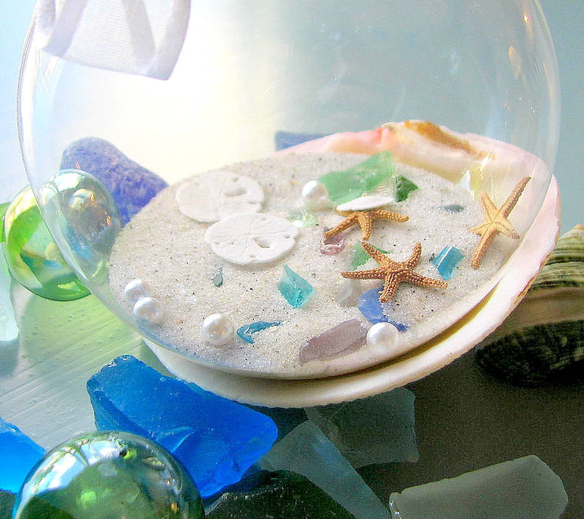 Beach Decor Seashell Christmas Ornament - Nautical Decor Sea Glass & Shell Ornament Ball
