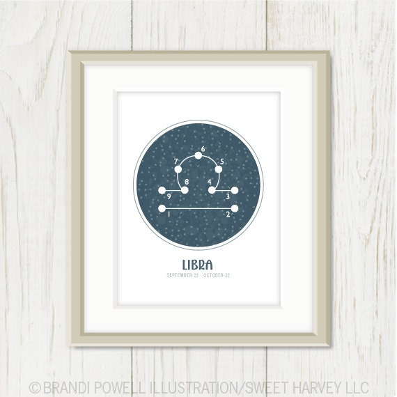 LIBRA Constellation: Zodiac Print - Astrology, Night Sky, Starry Night, Midnight, Stars, Minimalist, Round - White, Navy Blue 8 x 10 - sweetharvey