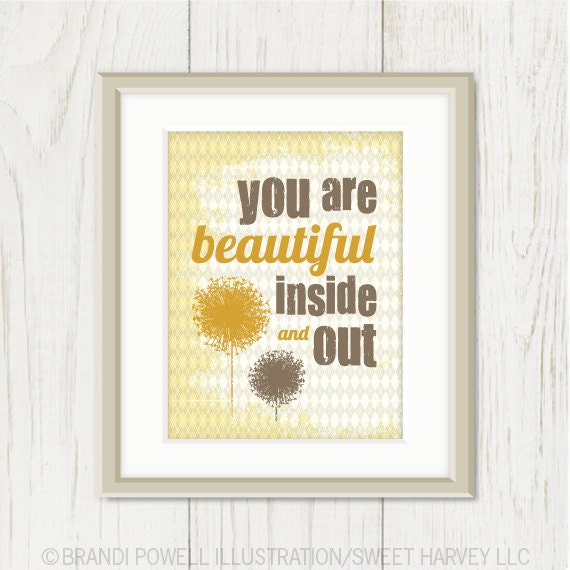 You Are Beautiful: Typography Print, Dandelion, Argyle Pattern - Inspirational Quote, Motivational saying, Grunge, Honey Gold, Brown 8 x 10