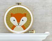 Fox Embroidery Hoop Art: Woodland Fox Nursery Art - Fabric Wall Hanging, Honey Gold, Burnt Orange, Brown, White, Woodgrain, Ready to Hang
