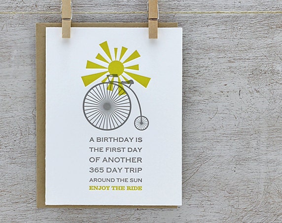 Bicycle Greeting Card: Happy Birthday Letterpress Card Set - Bike, Sunshine, Honey Gold, Yellow, Grey (Set of 3)