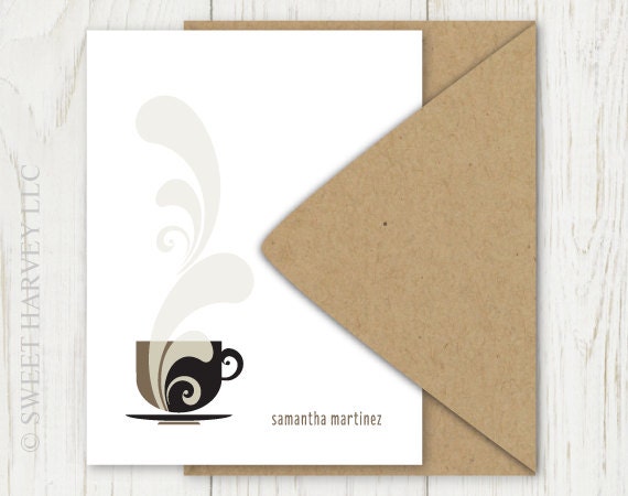 Coffee Cup Personalized Stationery - Tea Cup Personalized Stationary - Flat Notecards, Steam - Black, Grey, Brown (Set of 10)