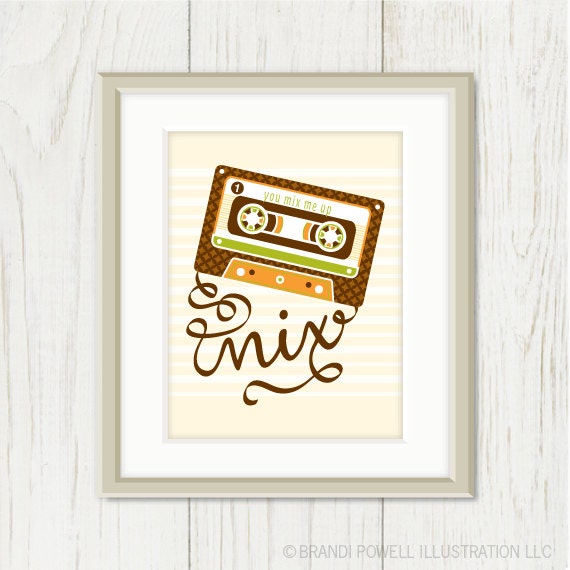Mix Tape Poster Print- Cassette Tape, Retro Design, Mixed Tape Illustration: You Mix Me Up, Typography Quote, Orange, Brown - 8 x 10