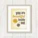 You Are Beautiful: Typography Print, Dandelion, Argyle Pattern - Inspirational Quote, Motivational saying, Grunge, Honey Gold, Brown 8 x 10