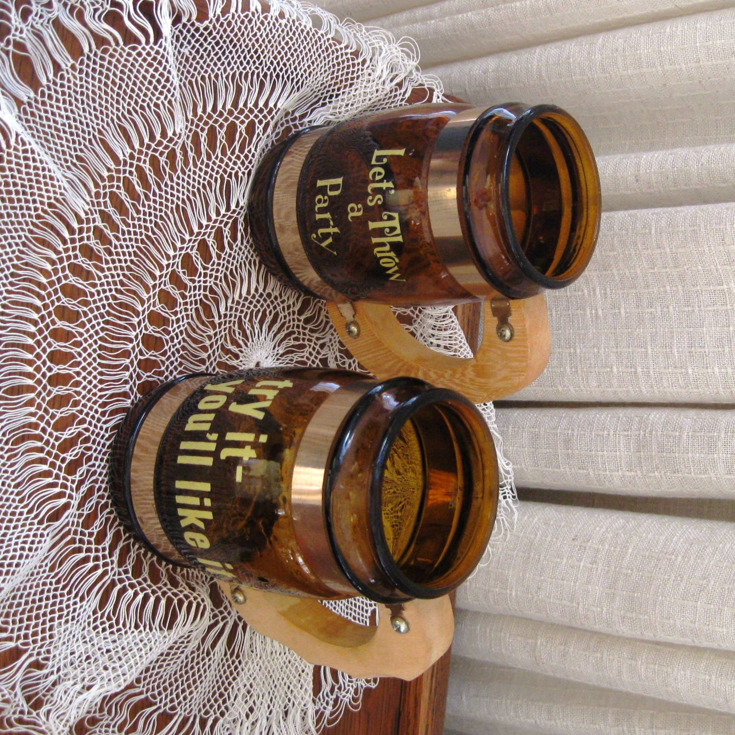 Vintage Beer Mug Amber Glass Wooden Handle Siesta Ware Set of Two