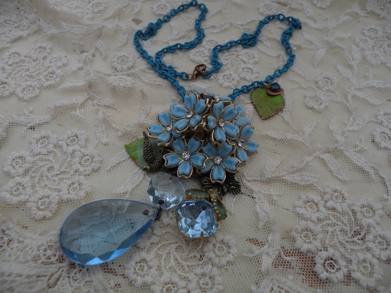 NESTLED vintage assemblage necklace blue simply shabby chic feminine unique ooak floral