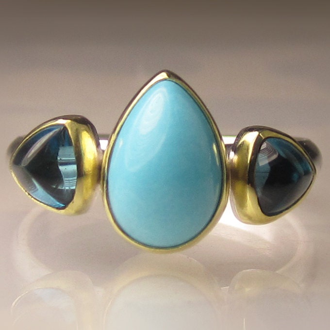 Sleeping Beauty Turquoise and Blue Topaz Ring - 18k Gold and Sterling Silver Three Stone Ring