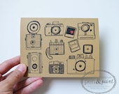 Set of Four Camera Folded Note Cards, Stationery, Hand Drawn, Illustration, Photography, Vintage Camera, Nikon, Kodak, Polaroid