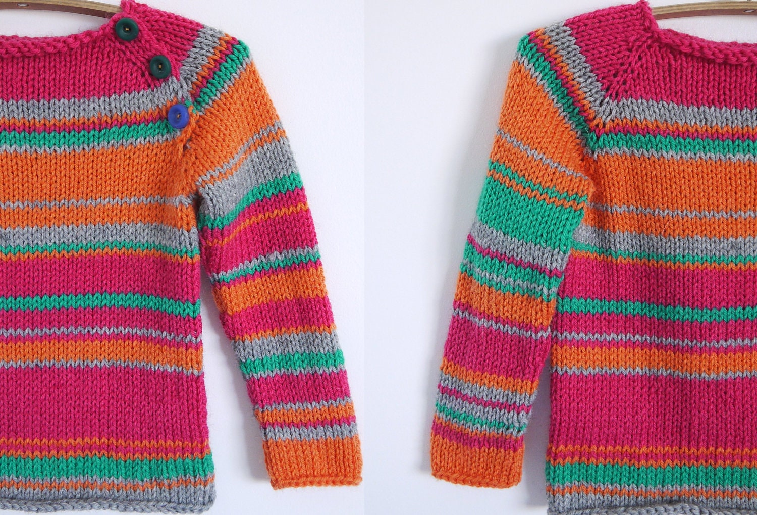 Girls Knitted Sweater - Blocks and Stripes Jumper - fits 3-5 year old kids - warm wool blend
