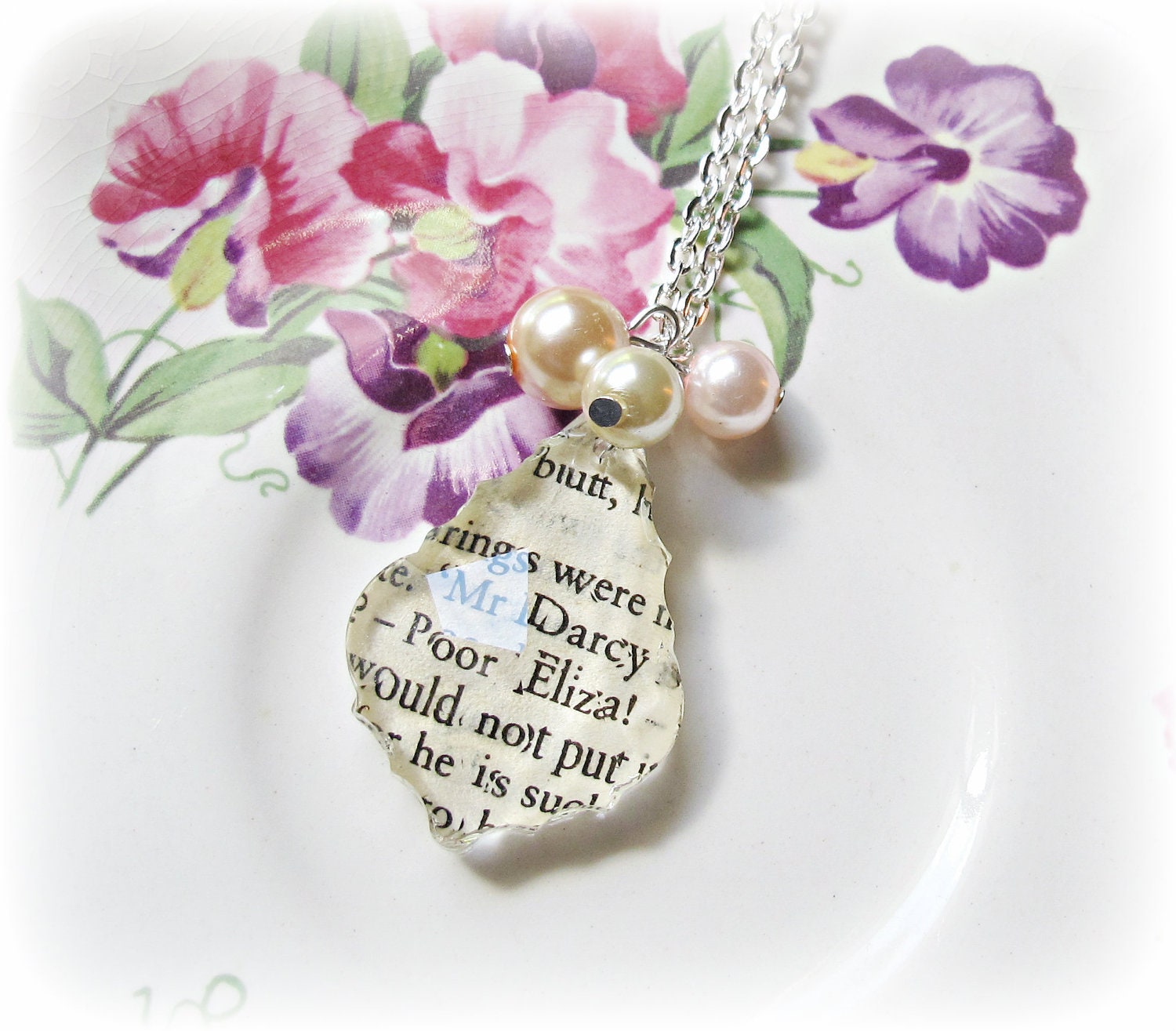 Darcy and Elizabeth Baroque Necklace. Pastel Pink Pearls. Jane Austen Pride & Prejudice Words Text Repurposed