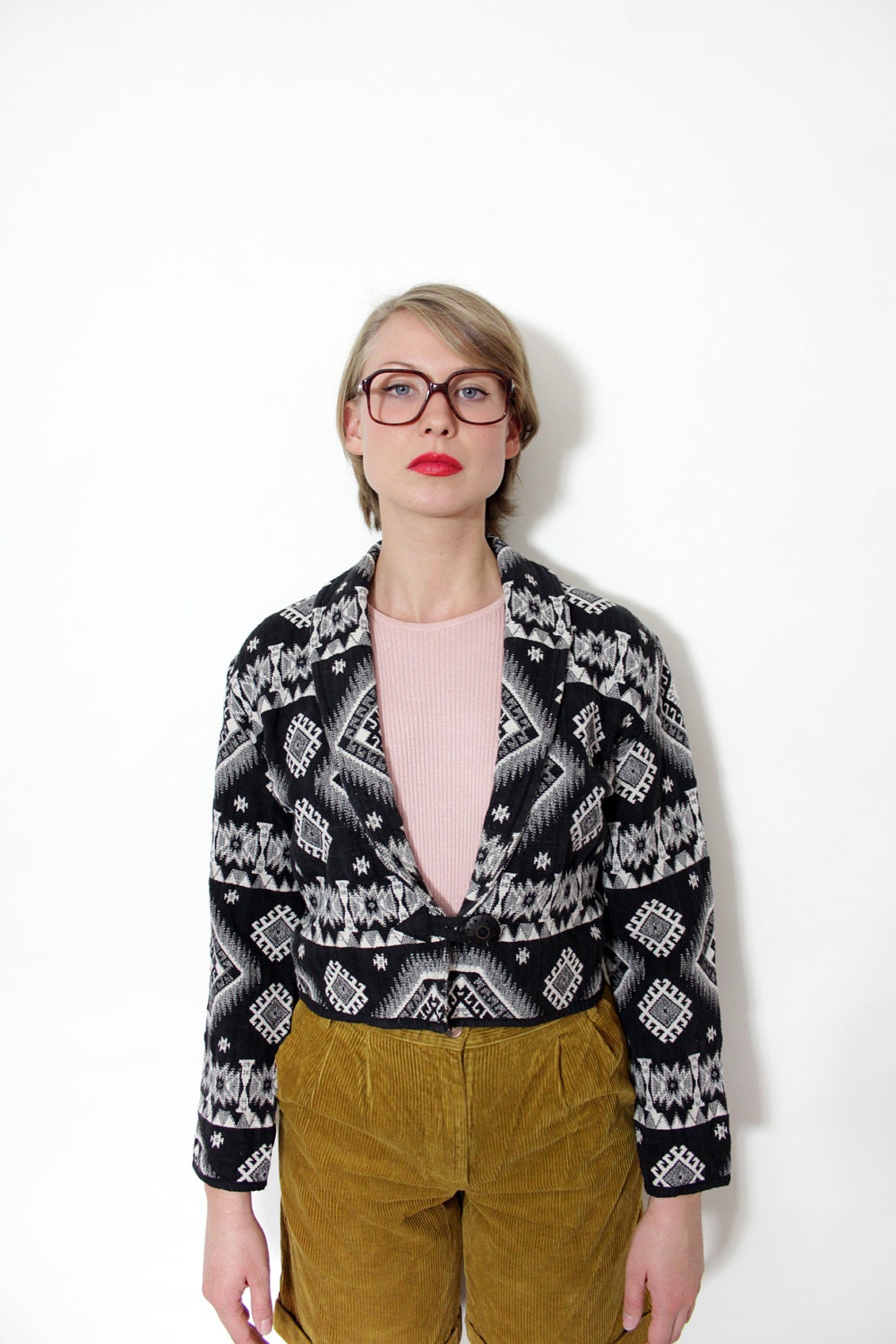 Vintage jacket / black and white tribal crop jacket / size S