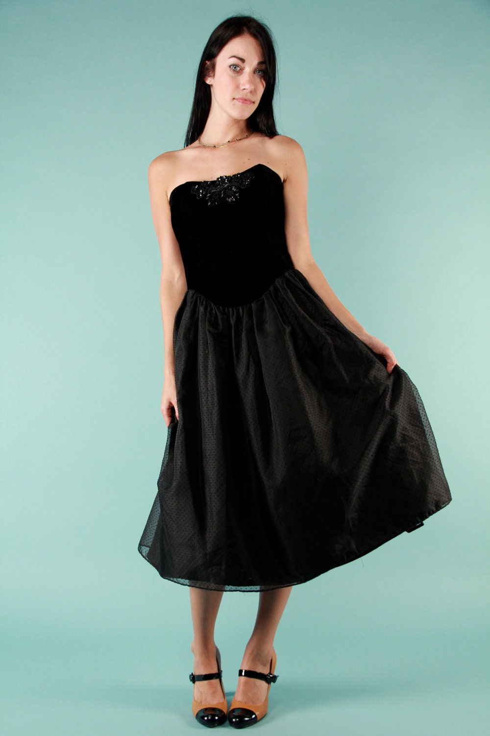 Vintage 1980s Velvet Corset Tulle Strapless LBD Dress M Gunne Sax